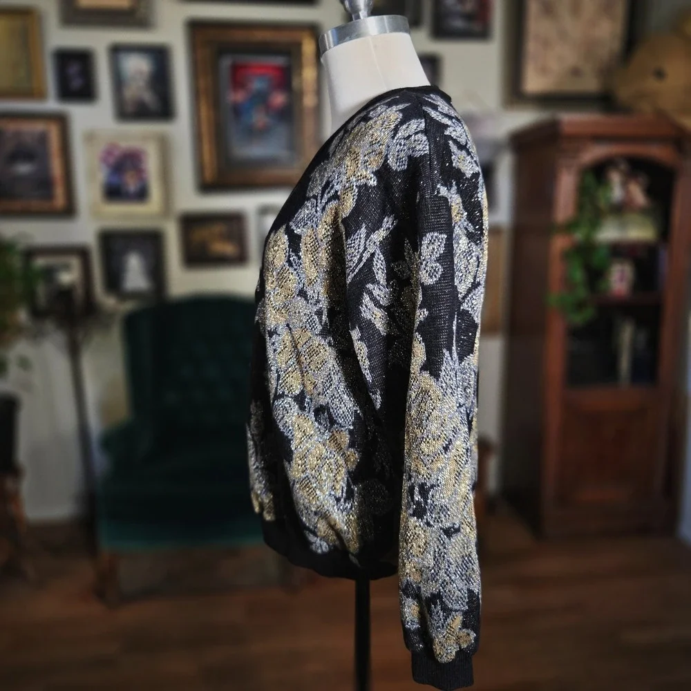 Vintage 90s Top Notch Metallic Floral Knit Sweater Black Gold V-Neck Long Sleeve